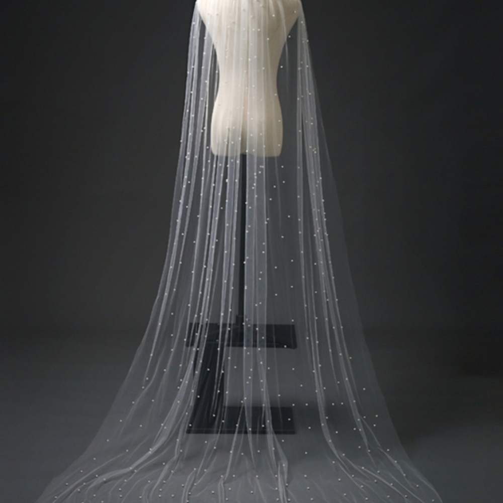 Elegant Sheer White Veil with Pearls